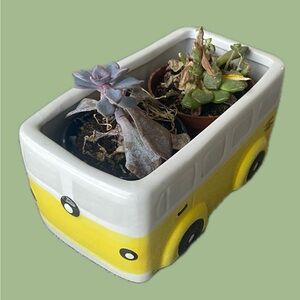 Cute Yellow and White Ceramic Bus Planter
